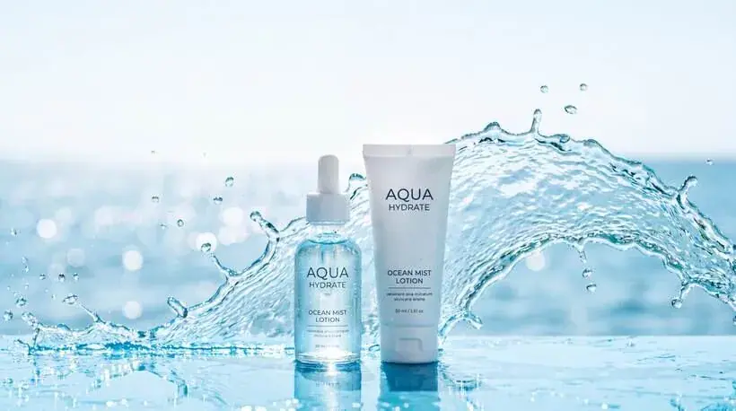 Skincare campaign frame: serum and cream in sea water, product-accurate