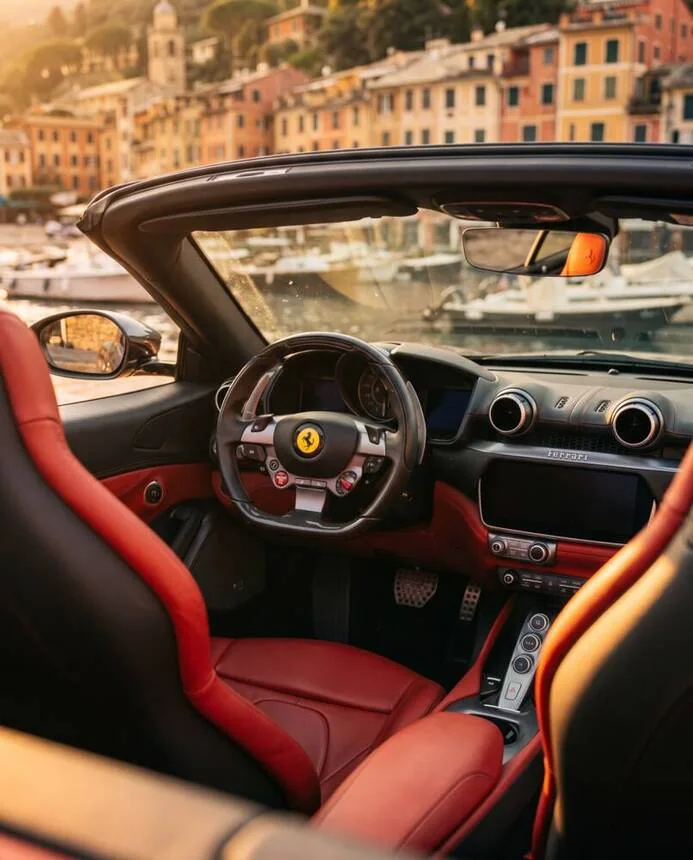 Red leather interior of a convertible