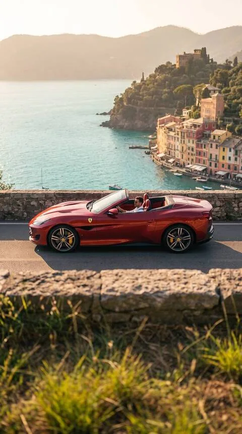 Red convertible above the Portofino coast