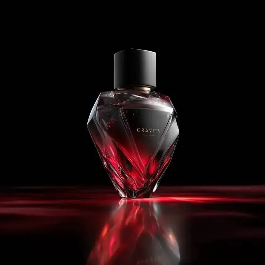 Ruby perfume bottle on black