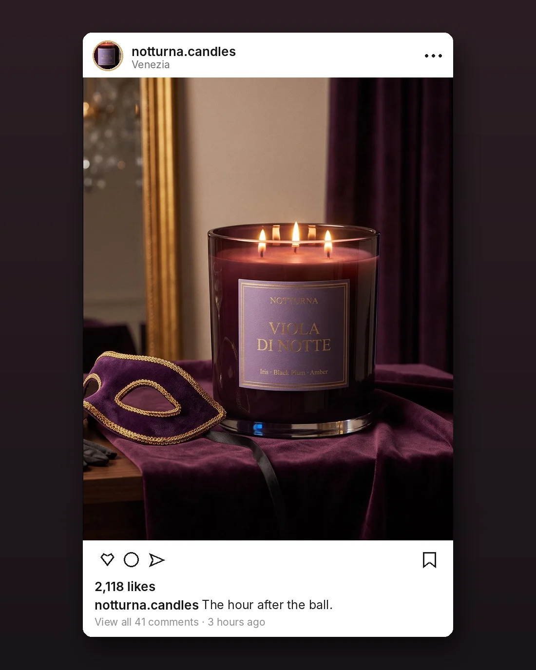 An Instagram post made by the studio: a plum candle beside a velvet mask
