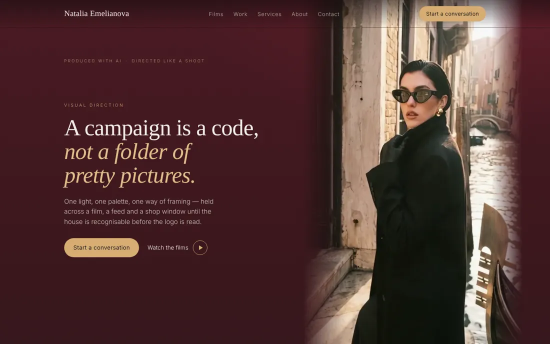 nataliaemelianova.com, portfolio site for fashion and luxury brands, first screen