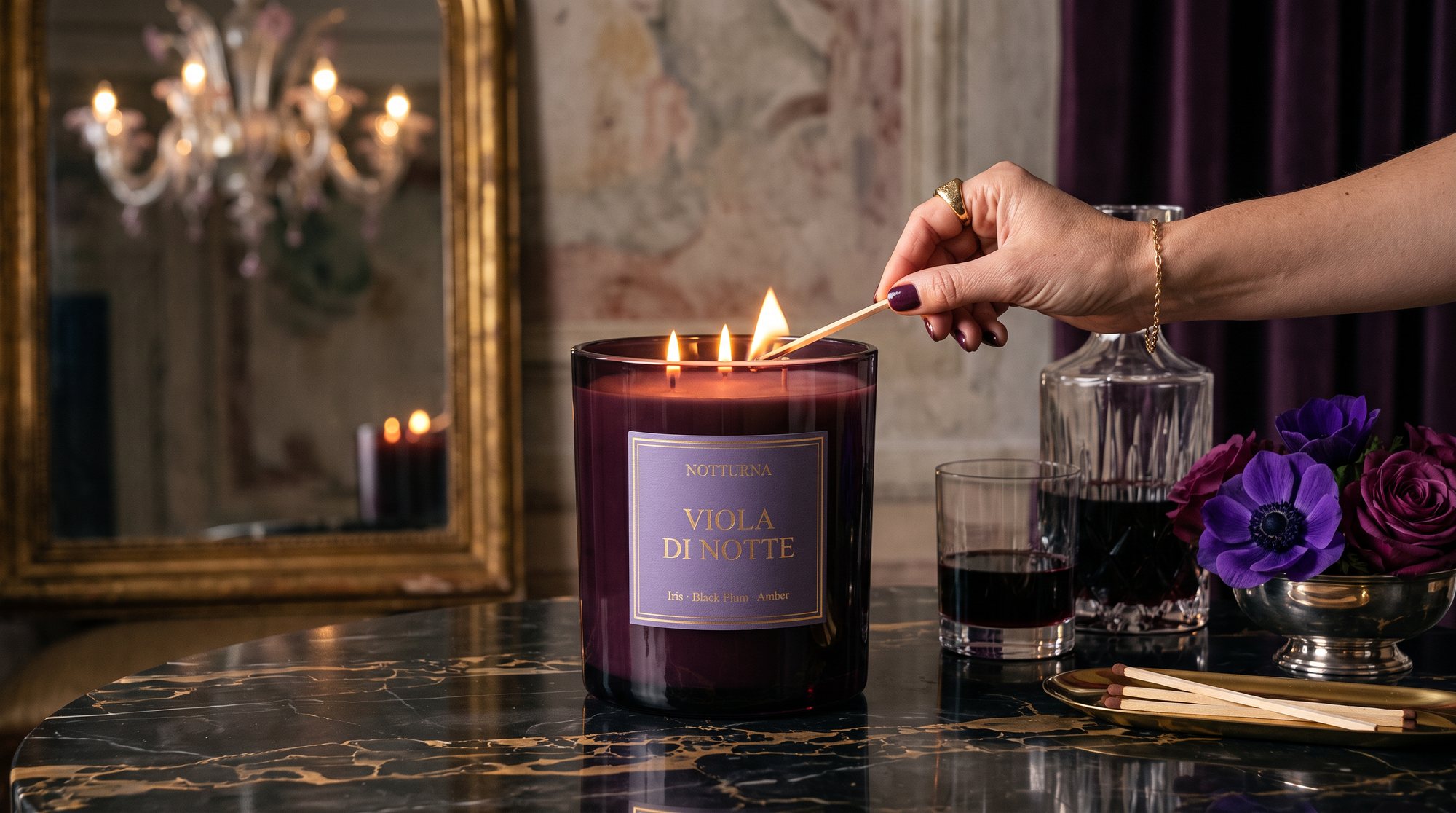 After: the same candle on black marble in a palazzo salon, a hand lighting the wicks