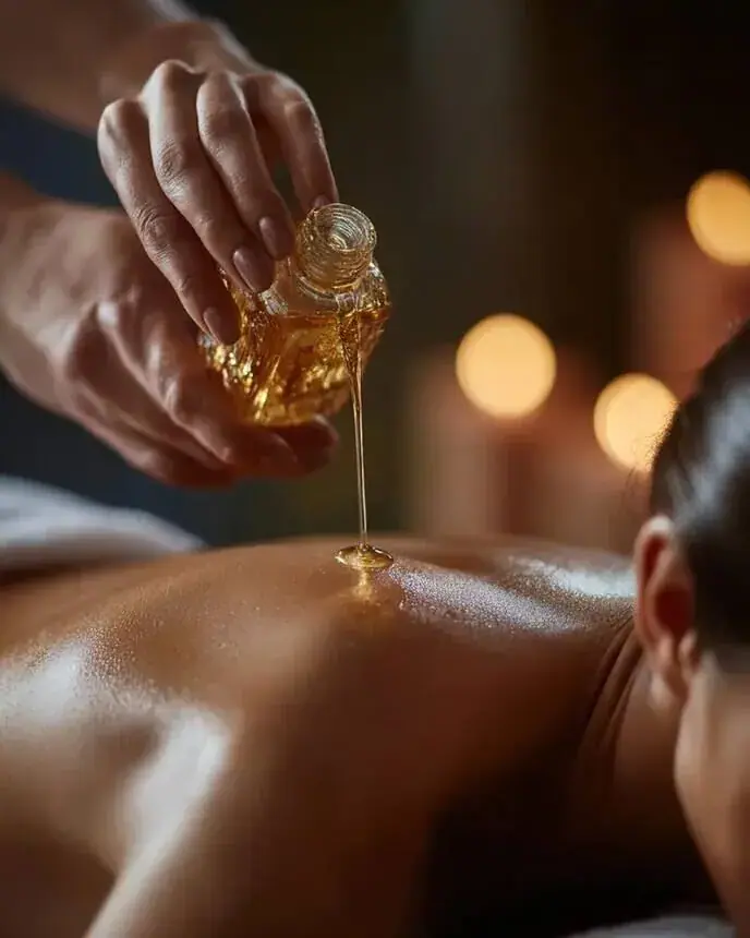 Spa campaign frame: honey poured on skin, massage ritual, warm light