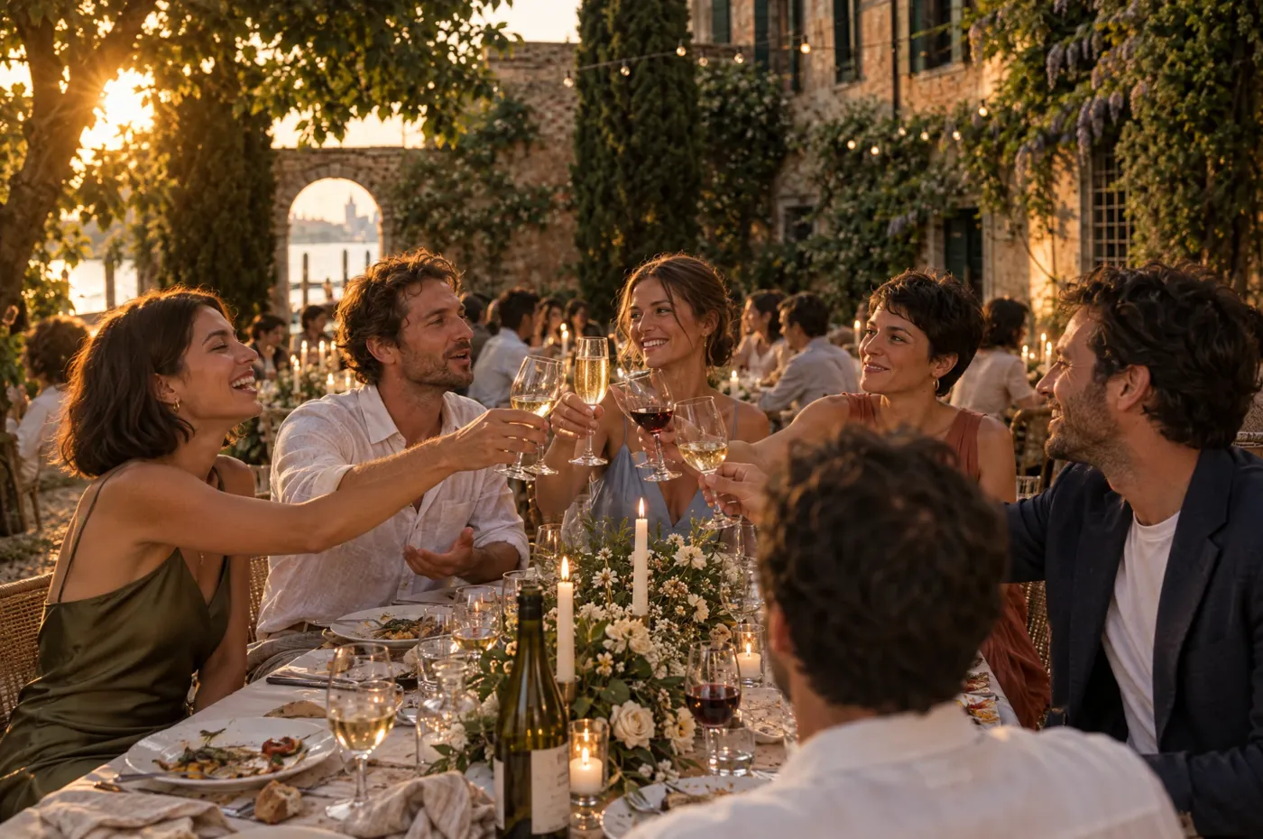 Guests raising glasses at a garden dinner at golden hour