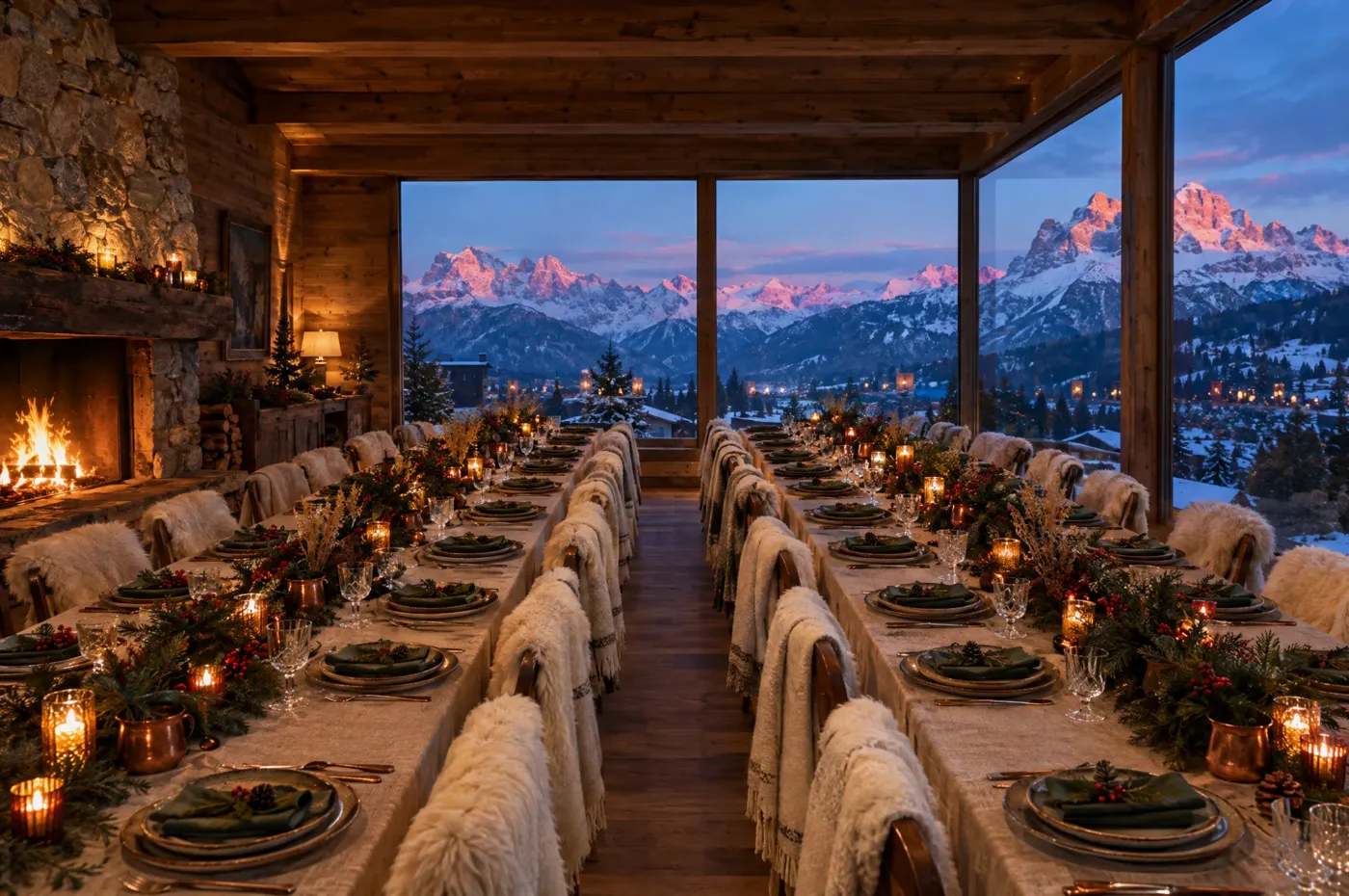 Chalet dinner room with the Dolomites behind glass