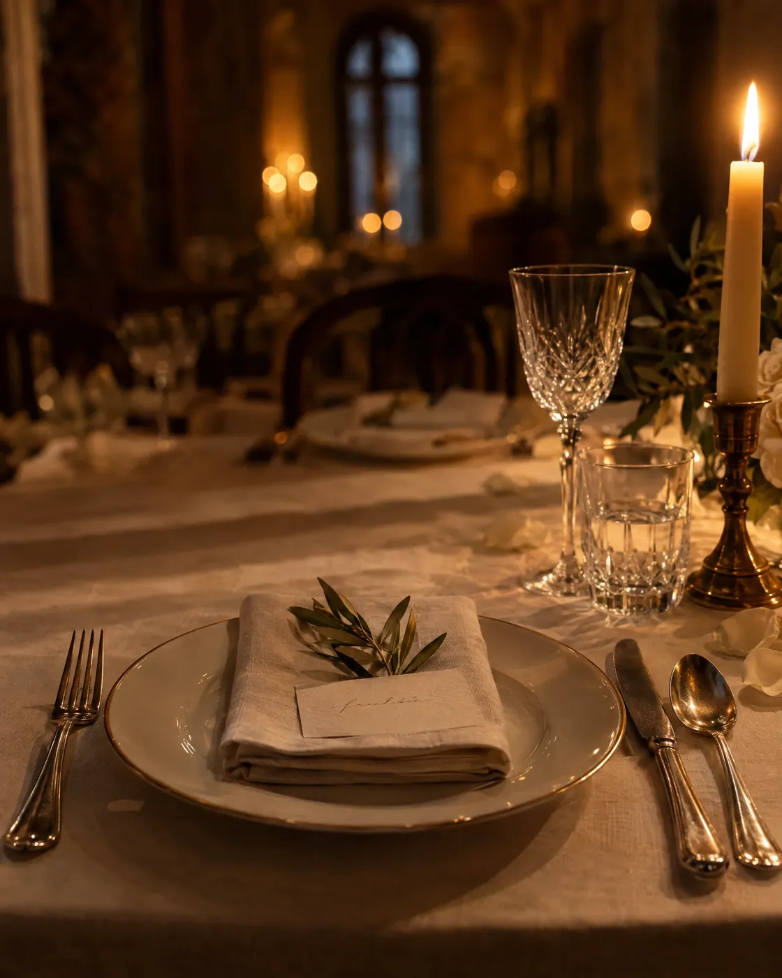 One place setting by candlelight, gold-rimmed plate