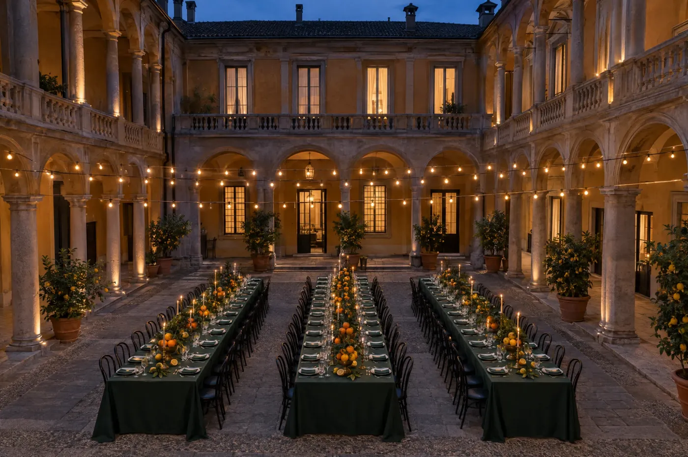 Courtyard dinner in Brera with citrus on the tables