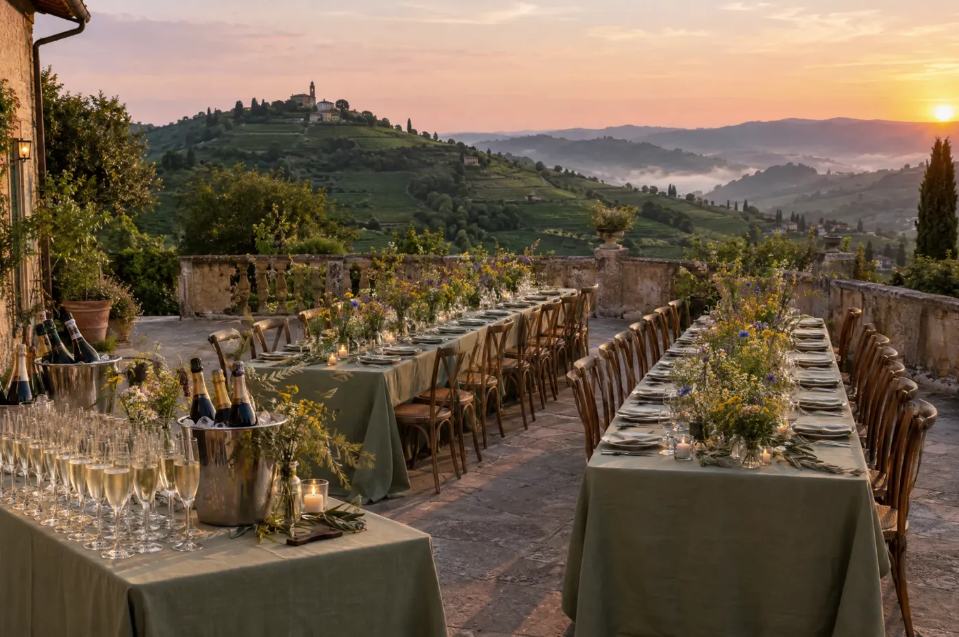 Aperitivo terrace among the Prosecco hills at sunset