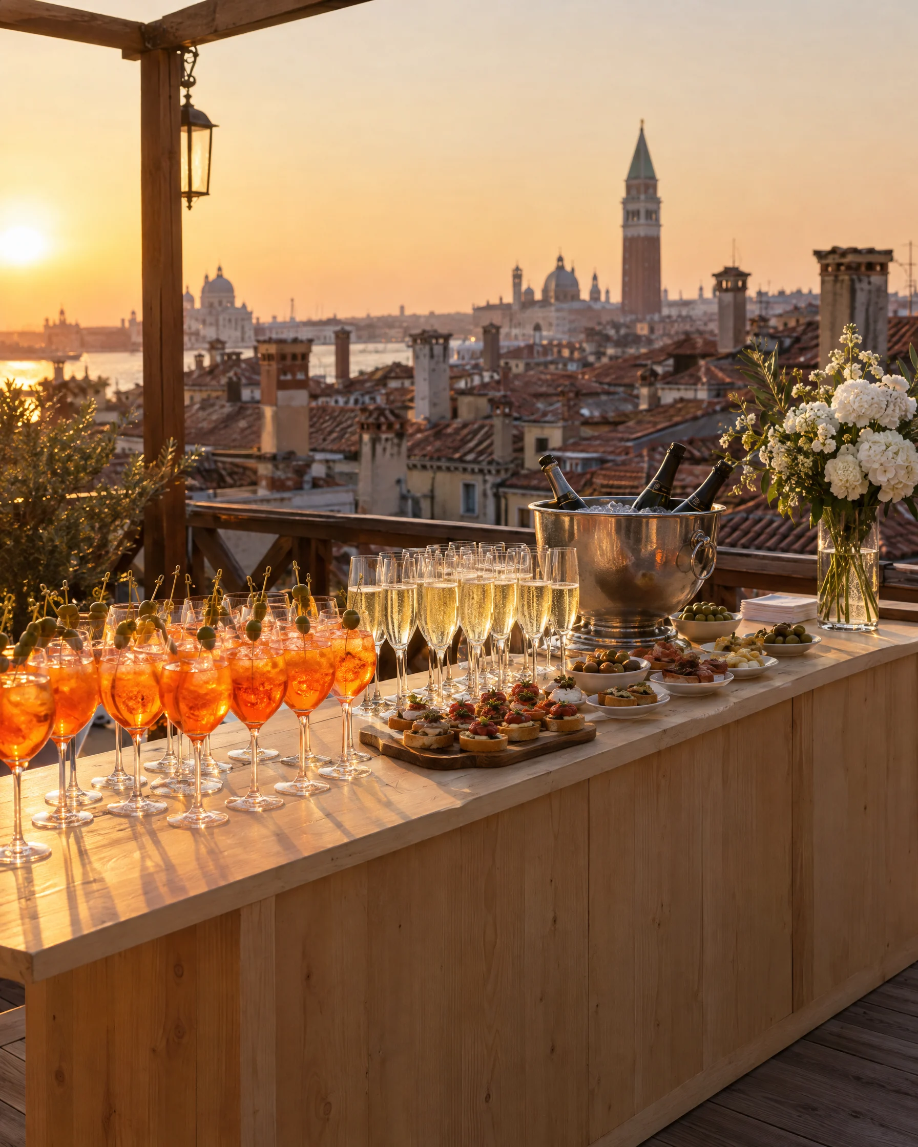 Aperitivo su un'altana veneziana al tramonto