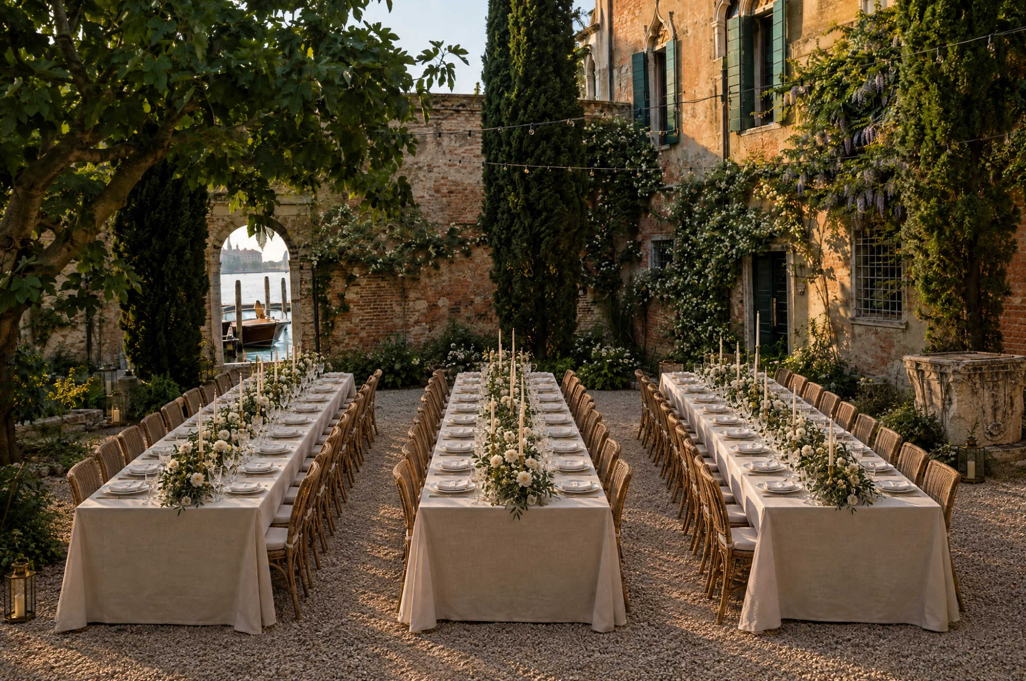 Tavole parallele apparecchiate nel giardino di un palazzo