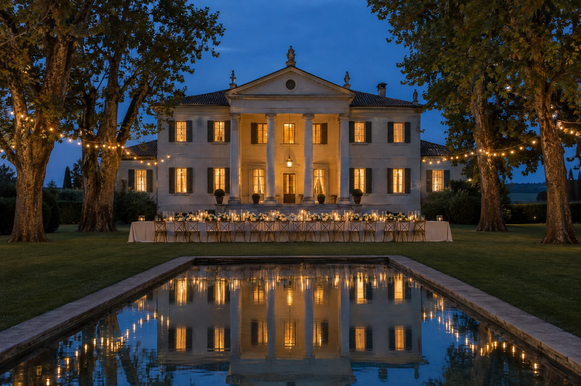 Villa veneta illuminata la sera vicino a Padova